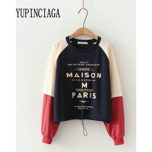 YUPINCIAGA Women Korean Fashion Literary Fan Stitching Color-blocked Letter Printed Long Sleeve O-Neck Sweatshirt Pullovers