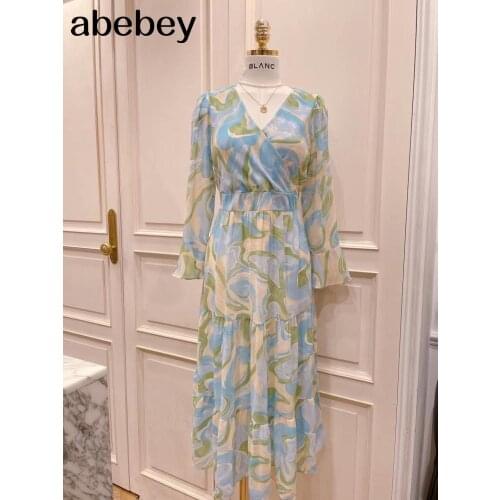 2021 winter Long-sleeved Chiffon Dress Women Floral Ruffled Casual Dresses Elastic Waist Print Female Mid-calf Vestidos