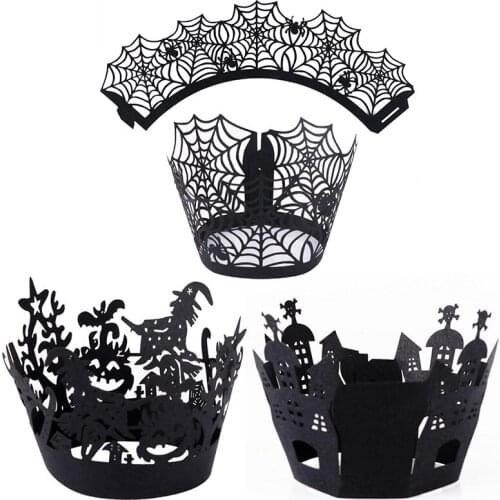 12 Pcs / set Black Cake Paper Cup Hollow Case Laser Cut Cupcake Wraps Cake Decoration Supplies Halloween Party Accessories