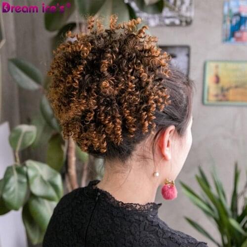 Afro Synthetic Fluffy Short Kinky Curly Hair Bun High Puff Ponytail With Drawstring Clips Fake Donut Updo Hair Extension