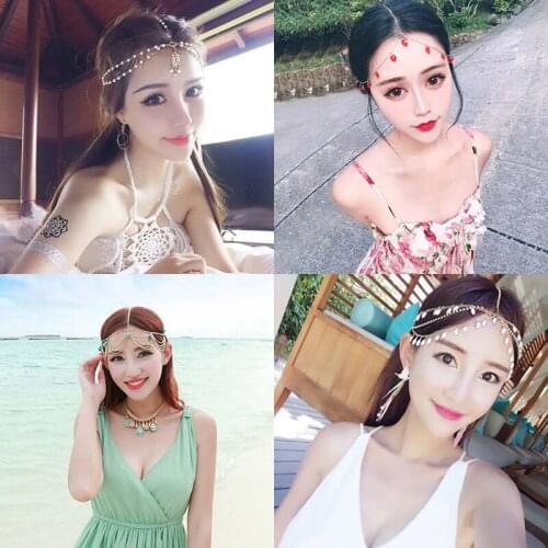 Korean Summer Ladies Hair Ribbon Seaside Holiday Bohemian Headdress Forehead Chain Gem Pendant Hair Ornament