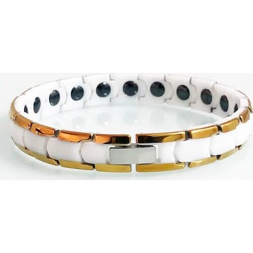 Womens Gold Plated White Ceramic Hand Bracelet Female Energy Health Benefit Hematite Wristband Elegant Ladies Jewelry Girl Gift