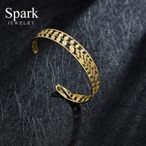 Spark Exquisite Stainless Steel Hollow Leaf Bracelet For Women Girls Gold Adjustable Open Cuff Bangles Party Gift Boho Jewelry