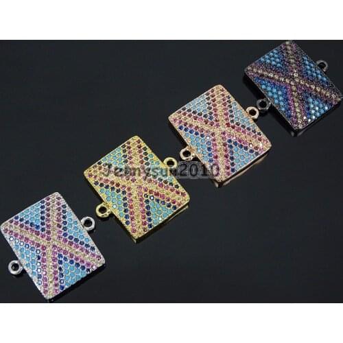 Zircon Gems Stones Pave X Shape Rectangular Bracelet Connector Charm Beads 10Pcs/Pack