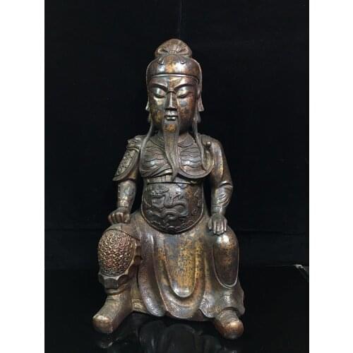 Home Decor 19" Tibet Buddhism Temple Old Bronze Cinnabars Guan Gong Buddha Statue Han Shou Ting Hou Enshrine the Buddha