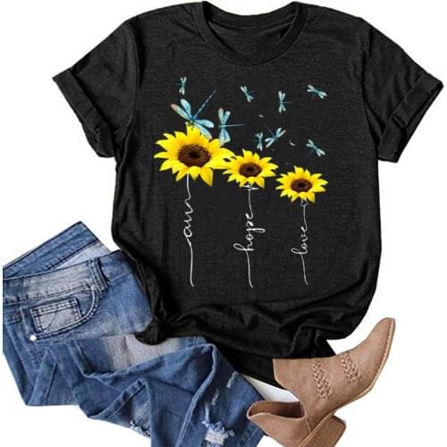 Harajuku Oversized T Shirt Femme Dragonfly Sun Flower Print Funny Women Tshirt Short Sleeve Summer Tee Ropa Mujer Verano 2021
