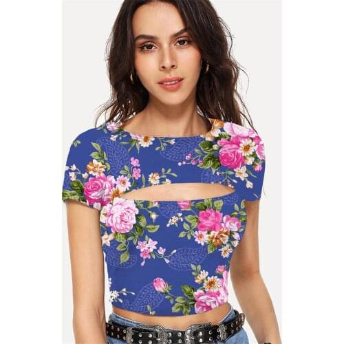 Somepet Flower T shirt Women Romantic Navel Bare Peony Flower Hollow Out T shirts Harajuku Tshirt Printed Short Sleeve Sexy
