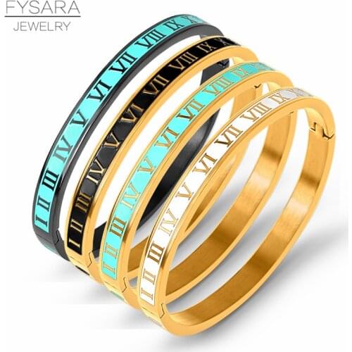 FYSARA Vintage Roman Letter Bangles & Bracelets For Women Black Gold Numeral Color Charm Cuff Bangles Stainless Steel Jewelry