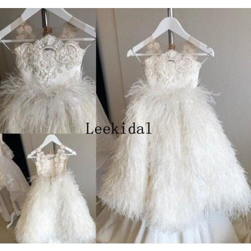 2021 Real Pictures Flower Girl Dresses Jewel Neck Lace Appliqued Feather Luxury Girls Pageant Dress Party Wear Custom Made Kids