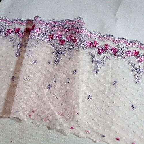 1 Meter 20.5 CM Wide Red Hearts Embroidered Lace Trim Soft Pink Mesh Fabric For Lingerie Underwear Bra Dolls Dress Decor DIY