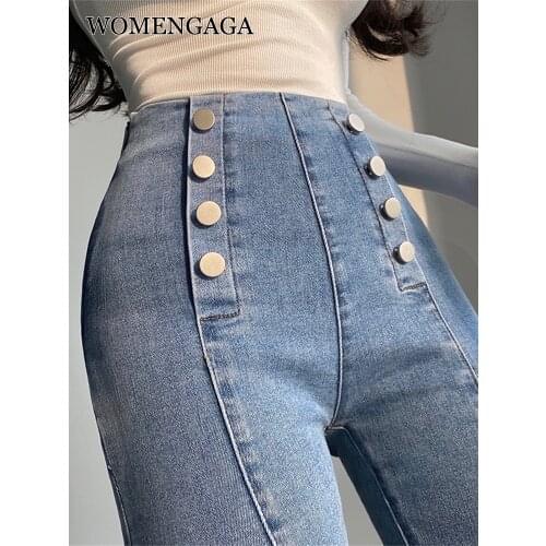 WOMENGAGA Sexy High Waist Elastic Tight Slim Leggings Double Breasted Pencil Pants Jeans Denim Trousers Korean Women 4SK5
