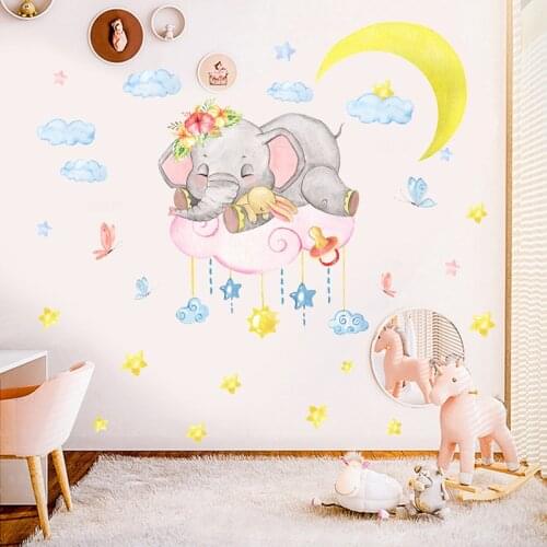Cute Baby Elephant on the Moon Wall Stickers for Kids Room Baby Nursery Wall Decals Home Decoration PVC DIY Stickers Living Room