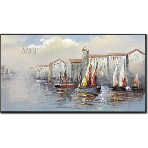 Many Ships Are In The Sea Town Oil Painting On Canvas Living Room Home Pictures Modern Wall Art Paintings 100% Handpainted