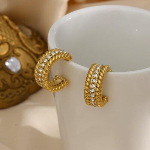 2021 New Tranish Free Hypoallergenic 3A Zircon Stone Paved Tiwsted Texture Small Hoop Earrings 18k Gold Plated Statement Earring