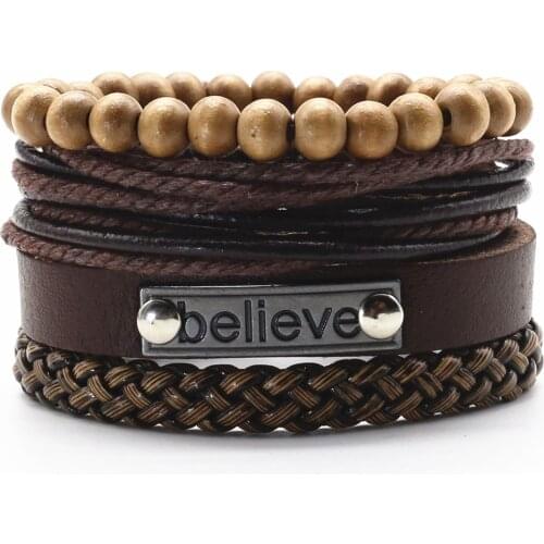 New Fashion Casual Beads Woven Brown Black Believe Words Wolf Charm Women Leather Bracelets Men Homme Femme Male Jewelry