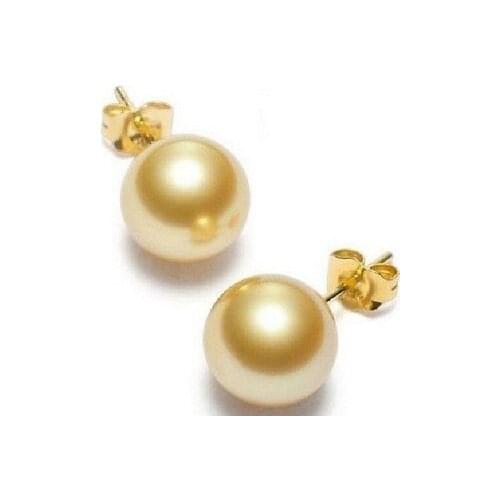CHARMING 10-11MM AAA NATURAL SOUTH SEA GENUINE GOLD PEARL EARRING >jewerly free shipping