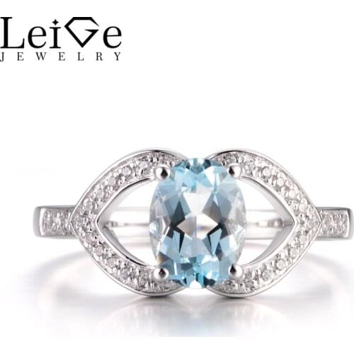 LeiGe Jewelry Natural Blue Aquamarine Rings Proposal Rings March Birthstone Rings Oval Cut Rings Solid 925 Sterling Silver Gifts