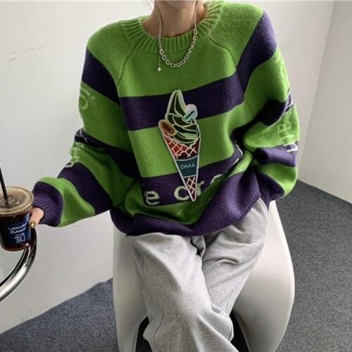 Autumn Winter Embroidery Striped Sweater Women Fashion Oversized Pullovers Knitted Sweaters Loose Warm Jumper pull femme