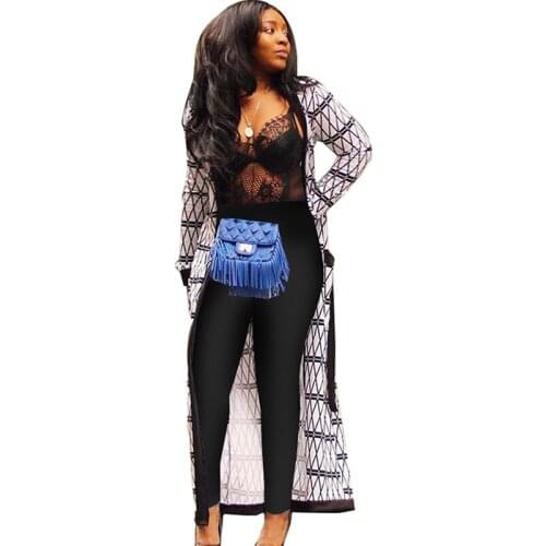 Autumn Winter Women Cardigan Open Front Long Sleeve Trench Coat Geometric Print Ladies Casual Outerwear Overcoat Clothes Sashes