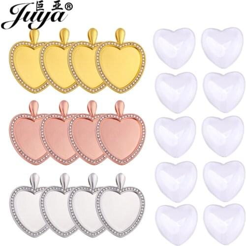 60Pcs/Set Heart Pendant Base With Cabochon Glass Cameo 25mm Rhinestone Bezel Blank Tray For DIY Jewelry Making Accessories