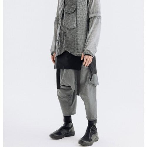 Nosucism samurai grey pants drop crotch 3d pockets ankle length techwear ninjawear darkwear japanese streetstyle