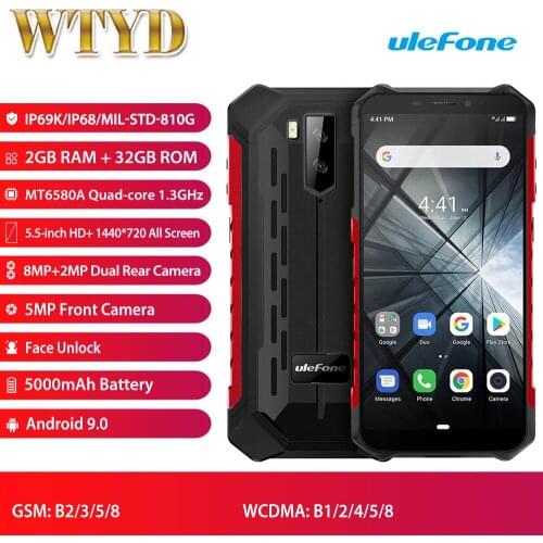 Ulefone Armor X3 IP68 Waterproof Mobile Phone 2GB 32GB Quad Core Android 9.0 Cellphone 5.5''5000mAH Face ID Rugged Smartphone