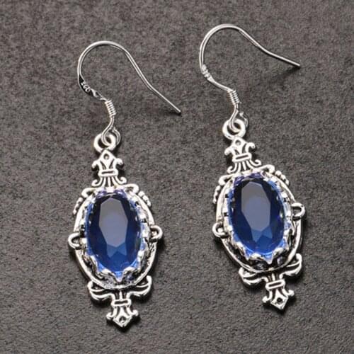 Retro Ethnic Style Ladies Womens Silver Color Blue Oval Crystal Rhinestone Zircon Metal Dangle Earrings for Party Jewelry