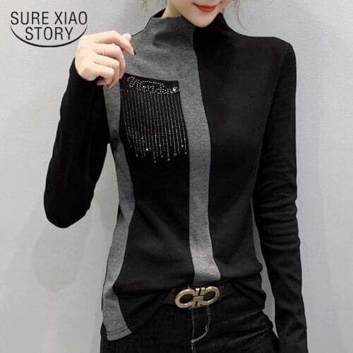 Korean Fashion Clothing 2021 Slim Black Long Sleeve Top Women Blusas Mujer De Moda Office Lady Tops Diamond Plus Size 7840 50