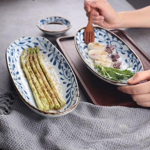 Japanese-style Ceramic Tableware Retro Hand-painted Underglaze Restaurant Sushi Plate Home Oval Strip Fish Plate