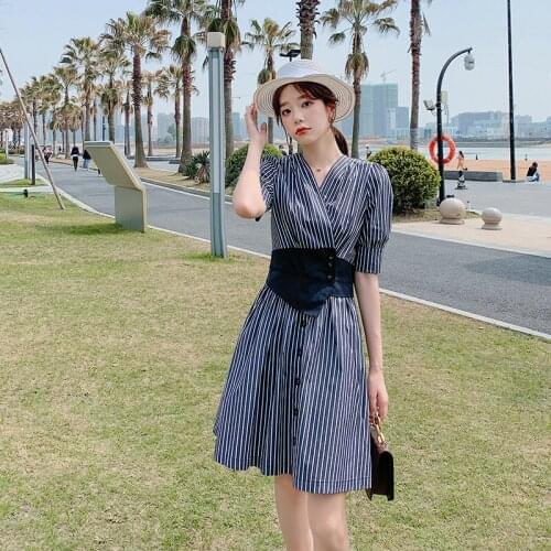 Vintage Elegant Sashes Striped Dress A-line Skirt Ladies Short Sleeve V-neck Summer Dress 2021 Casual Draw Back Dress Vestidos