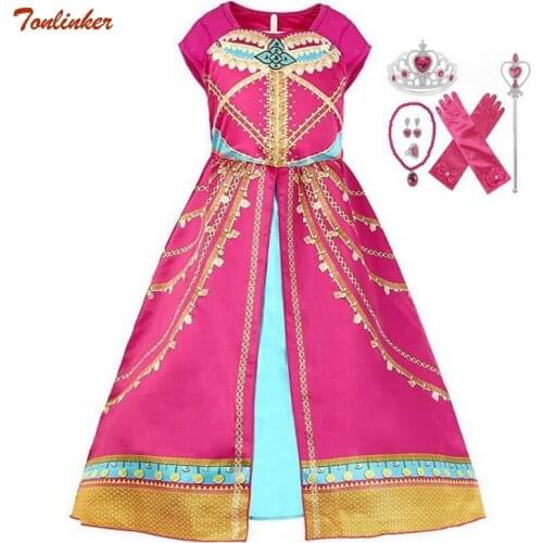 Adult Women Girls Princess Jasmine Costumes With Kids Dress Up Crown Wig Magic Wand Glove Suit Girl Carnival Fancy Party Dress