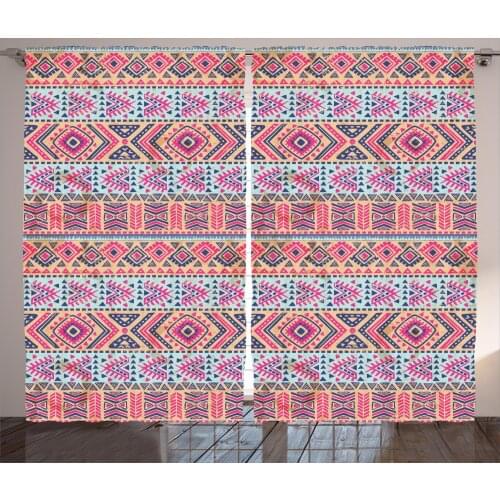 Ethnic Fun Curtains Retro Spring Style Tribal Shapes Satin Fabric Drapes for Living Room Bedroom 2 Panel Window Set