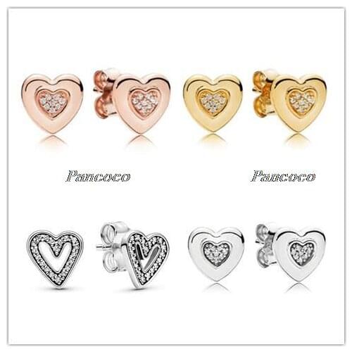 925 Sterling Silver Earring Sparkling Freehand Heart Stud Earrings For Women Wedding Party Pandora Jewelry
