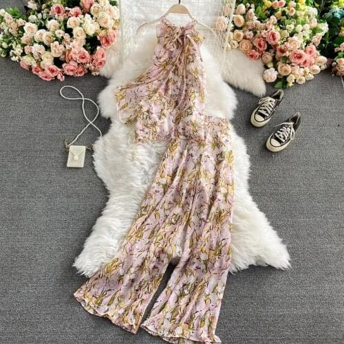 Spring Autumn Fashion Temperament Off-shoulder Chiffon Shirt Blouse Women Two-piece High-waist Pants Wide-leg Pants Suit UK674