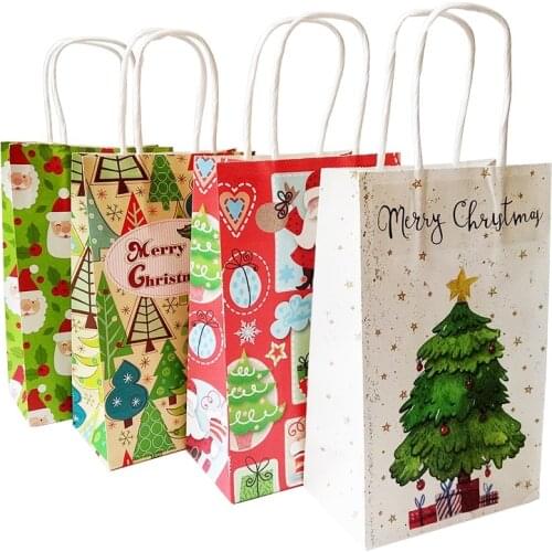 10Pcs/lot 21x13x8cm Merry Christmas Paper Bag With Handles Decoration Gift Bags Snacks Candy Packaging Bag