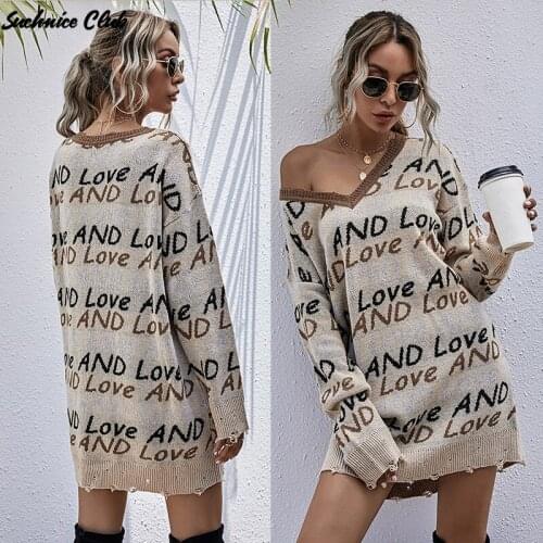 2021 Spring V-neck Long-sleeved Letters Off-the-shoulder Sweater Women Loose Long Sweater