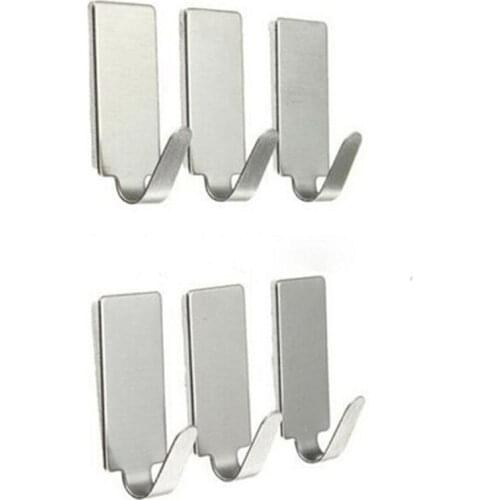 6pcs Adhesive Kitchen Wall Door Stainless Steel Square Stick Holder Hook Hanger