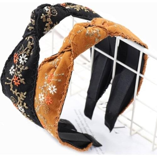 Korean Suede Headband Center Knotted Hair Accessories for girls and women National Embroidery Floral Hairbands Wholesale