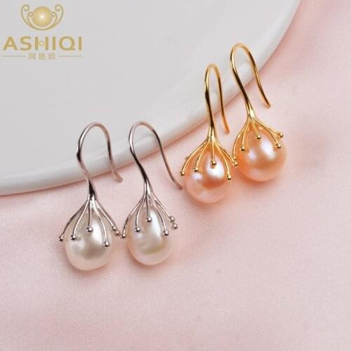 ASHIQI Natural Baroque Pearl Earrings 925 Sterling Silver Drop Earrings For Women Luxury Fresh Water Pearl Jewelry