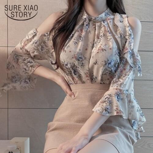 Blusas Mujer De Moda 2021 Summer New Short Sleeve OL Chiffon Shirt Women Off-Shoulder Pullover Floral Loose Blouse Women 9930