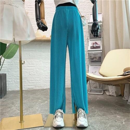 Summer Long Trousers Women High Waist Ice silk Pleated Split Pants Vintage Streetwear Elegant Pants Plus Size Bottoms L-7XL 8XL