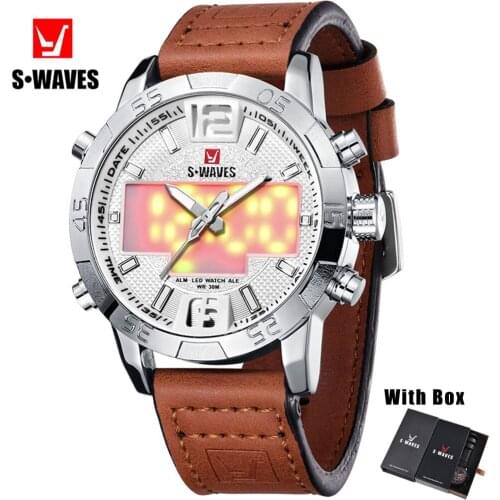 SWAVES LED Watch Men Clock Leather Band Dual Display Watches Mens 2019 Analog Digital Waterproof Relojes Para Hombre With Box