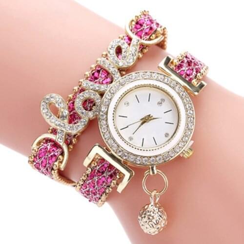 Women Bracelet Watches Ladies Love Leather Strap Rhinestone Quartz Wrist Watch LXH