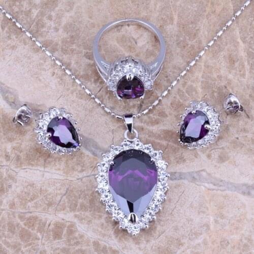 Purple Cubic Zirconia White CZ Silver Plated Jewelry Sets Earrings Pendant Ring Size 6 / 7 / 8 / 9 / 10 S0094