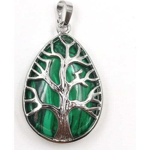 FYSL Silver Plated Tree of Life Water Drop Malachite Stone Pendant Lapis Lazuli Charm Jewelry