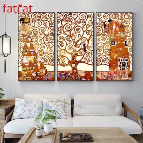FATCAT Abstract Klimt Tree of Life Lovers Large triptych 5D Diy Diamond Painting full diamond Embroidery Sale Decoration AE2900