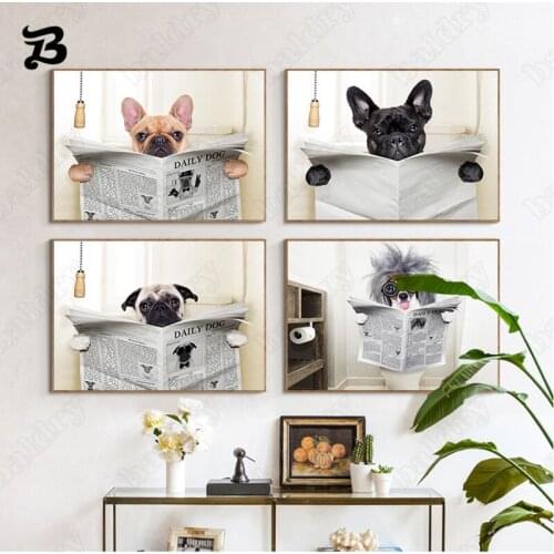 Funny Dogs Canvas Painting Dogs Reading Newspaper Wall Art Toilet Decoration Posters and Prints Wall Pictures for Bathroom Decor