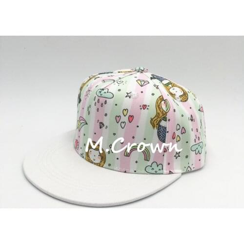 Kids Girls New Hip Hop 100% Cotton Twill Flat Cap with All over printed Cartoon Mermaid Design