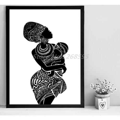 Beautiful African Woman With Baby Black And White Canvas Painting Oil Print Poster Wall Art Picture For Living Room Home Decor
