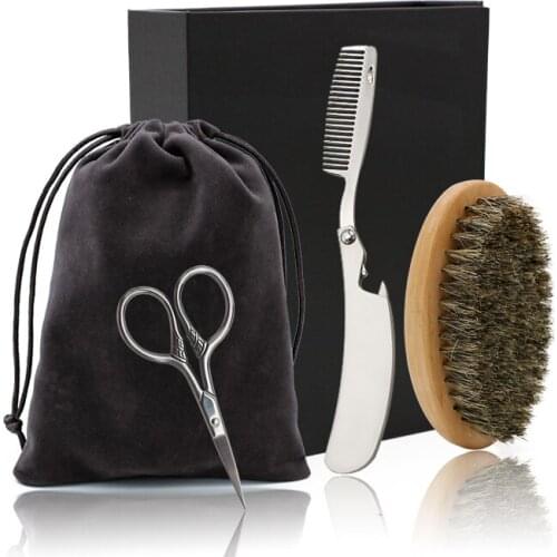 Round Wood Bristle Brush Foldable Stainless Steel Comb Beard Grooming Kit For Men With Gift Package Men Facial Beard Brush Kit